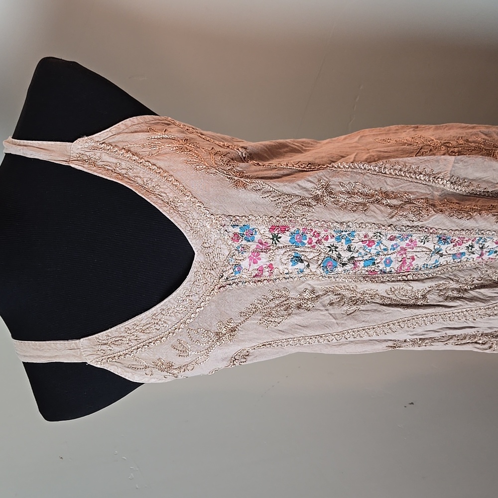 Beige embroidered 90s rayon dress - Picture 2 of 5